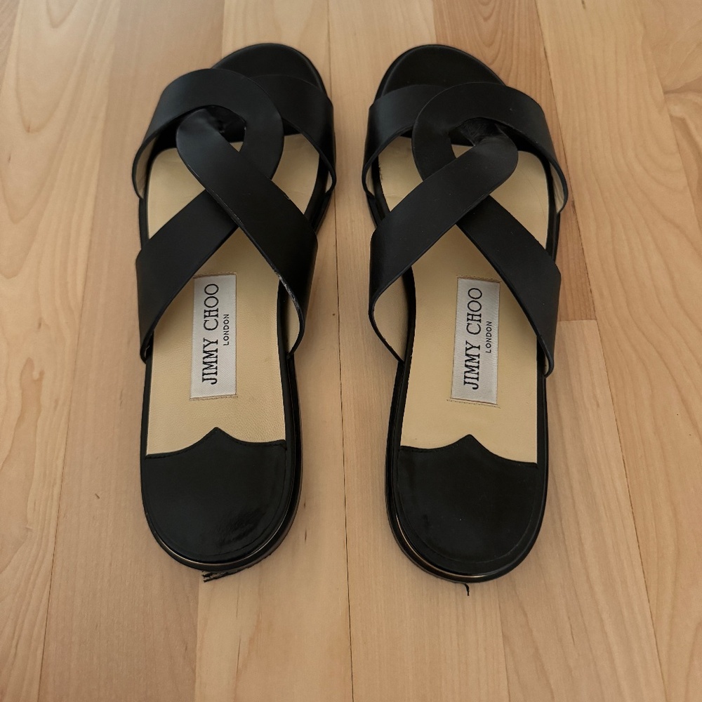 Jimmy Choo ATIA Flat Sandals | Black Leather size 38